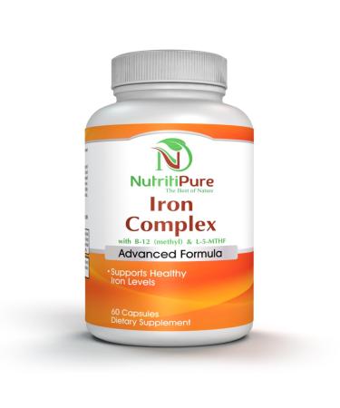 NutritiPure Iron Complex Complete Blood Building Iron Vegetarian Capsules with Non-constipating Carbonyl Iron Quatrefolic B12 B6 & Vitamin C for Women & Men (60 caps)