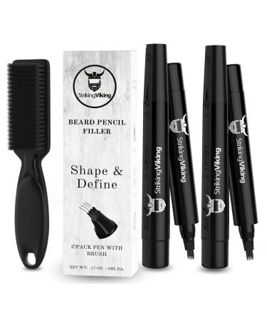 4-Tip Beard Pencil Filler for Men (2 pack) - Updated Beard Filling Pen Kit with Brush, Long Lasting Waterproof Beard Pen - Fill, Shape, & Define Your Beard - Striking Viking, Black (2 Pens) Black 3 Piece Set