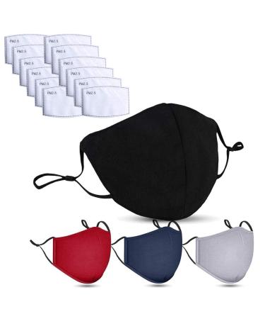 Four Washable 100% COTTON Face Masks Reusable with 10 Filters Ear Loop Covering Protection Mouth Cover Mask Colour: Black Maroon Grey & Blue (4 Mask + 10 Filters)