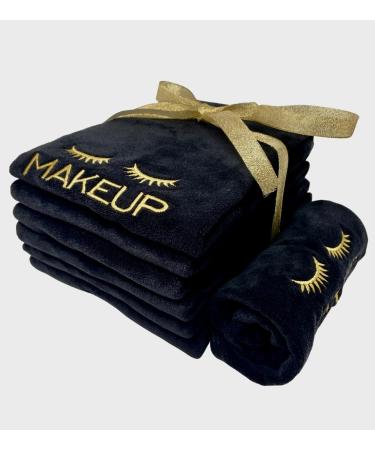 Microfiber Makeup Remover Towel 12X12 Black/Gold 6PK Soft Hypoallergenic Make Up Removal Wash Cloth Embroidered Washcloth Reusable Facial Cleansing Cloth
