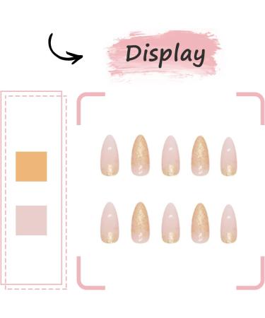 24Pcs Short Almond Pink French Tip Press on Nails with Gold Glitter - DIY Stiletto Acrylic False Nails for Women and Girls - Includes Glue Stickers - Buy Online on GoSupps.com