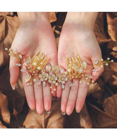 Flower Bride Wedding Hair Comb with Rhinestones and Pearls - B Gold - Buy Online on GoSupps.com