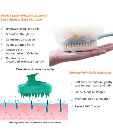 Long Handle Shower Back Scrubber with Bristle & Loofah | Hair Scalp Massager Shampoo Brush | Body Scrubber for Women Men & Pets - Blue - Buy Online on GoSupps.com