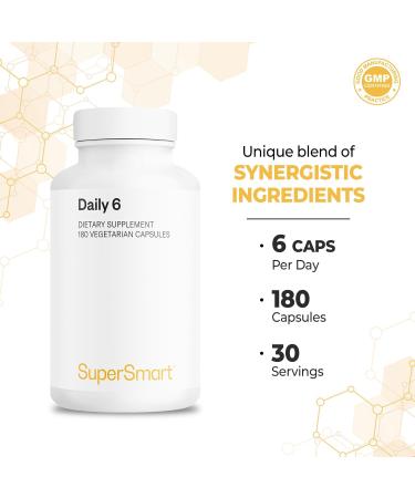 Supersmart - Daily 6 - Powerful Mutlivitamin Formula with 55 Ingredients (with PQQ, Nicotinamide Riboside) - Support Healthy Cardiovascular System | Non-GMO & Gluten Free - 180 Vegetarian Capsules - Buy Online on GoSupps.com