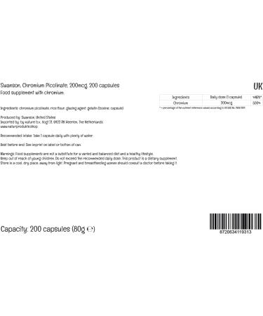 Swanson Chromium Picolinate (Picolinate de Chrome) 200mcg Hautement Dos 200 Capsules Sans Soja Sans Gluten Sans OGM - Buy Online on GoSupps.com