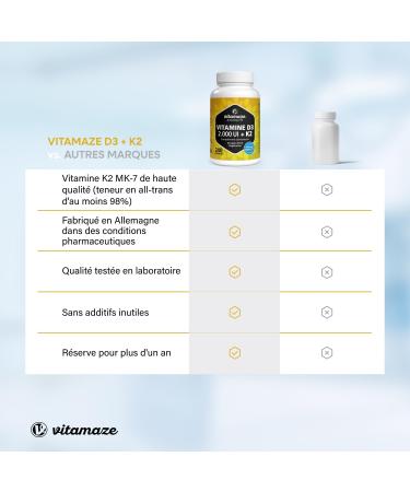Vitamaze Vitamin D3 K2 All-Trans MK-7 Highly Dosed 2000 IU Vitamin D3 + 100 mcg Vitamin K2 240 Vitamin D Tablets Without Unnecessary Additives Made in Germany - Buy Online on GoSupps.com