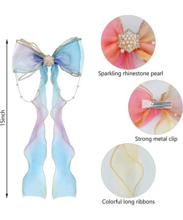 Colorful Ribbon Girls Hair Bows 2 Pcs Princess Long Ribbon Pearl Tassels Rainbow Hair Barrettes Big Bows Hair Clips Long Ponytails Alligator Clips Hair Accessories for Girls Toddlers - Buy Online on GoSupps.com