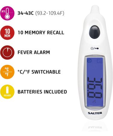 Salter TE-150-EU Ear Digital Thermometer | Jumbo LCD Display | 10 Memory Recall | For Babies, Children & Adults | Fever Alarm | One Second Temperature Readings | Measure in C & F - Buy Online on GoSupps.com