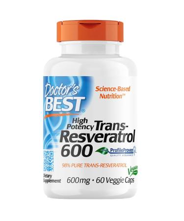 Doctor's Best High Potency Trans-Resveratrol 600mg 60 Vegan Capsules Laboratory Tested Gluten Free Soy Free Vegetarian