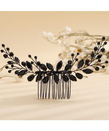 Teyglen Bride Wedding Crystal Hair Comb Black Rhinestone Hair Pieces Handmade Full Black Red Blue Crystal Hair Side Comb Shiny Headpieces for Women Girls(Black)