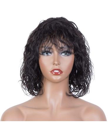 FASHION IDOL Bob Curly Human Hair Wig with Bangs for Black Women 10 Deep Wave Brazilian Virgin Human Hair Short Water Wave Wig 150% Density Natural Black 10 Inch (Pack of 1) Natural Black