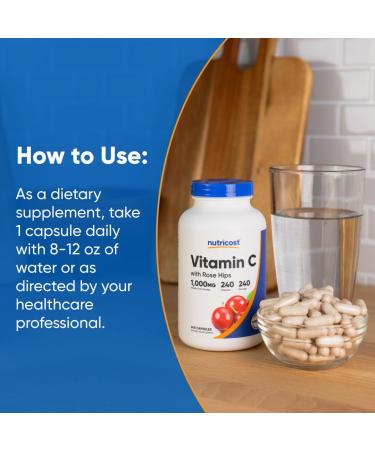 Nutricost Vitamin C with Rose HIPS 1025mg 240 Capsules - Vitamin C 1 000mg Rose HIPS 25mg Premium Non-GMO Gluten Free Supplement (Pack of 2) - Buy Online on GoSupps.com