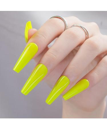 Jofay Fashion Fluorescent Yellow Long Coffin Press on Nails - 24pcs | Reusable Glossy False Nails with Glue for Women and Girls - Buy Online on GoSupps.com