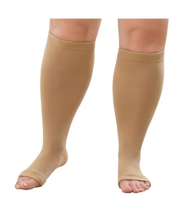 Lofir Medical compression stockings for women men: Open toe knee-high calves oversize support stockings Feasts 20-30 mmHg class 3 gradient compression socks black skin color 1 pair color xxl