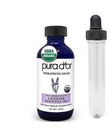 PURA D'OR Organic Lavender Essential Oil (4oz with Glass Dropper) 100% Pure & Natural Therapeutic Grade for Hair, Body, Skin, Aromatherapy Diffuser, Relaxation, Meditation, Massage, Home, DIY Soap Lavender 4 Fl Oz (Pack of 1)