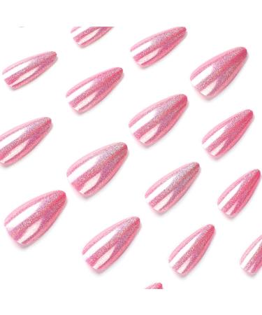 Justotry 24-Piece Glitter Hot Pink French Almond Press-On Nails | Glossy Oval Artificial Acrylic Fingernails for Women - Buy Online on GoSupps.com