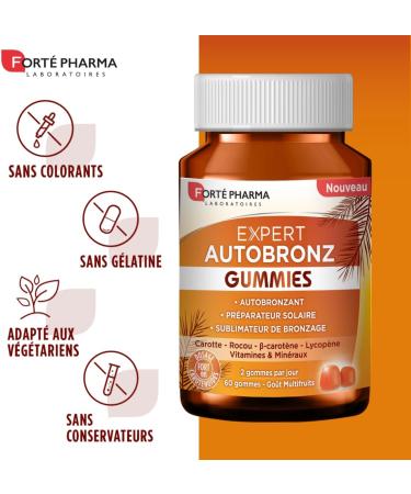 Fort Pharma - Expert AutoBronz Gummies | Tan Food Supplement | Natural Haired Complexion Sun Preparer - Carrot Vitamin C Minerals Selenium | 100% Vegan | 60 Gummies 2/day - Buy Online on GoSupps.com