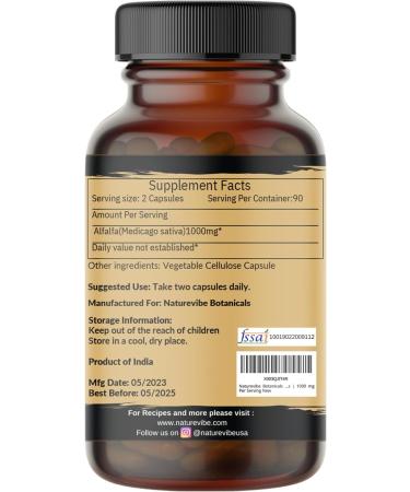 Naturevibe Botanicals Alfalfa Capsules - 180 Veg Capsules | 1000mg/Serving | Pure Herb Powder - Buy Online on GoSupps.com