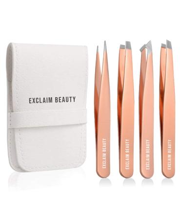 EXCLAIM BEAUTY Tweezers for Women & Men Pack of 4 Stainless Steel Tweezers Set Precision Tweezers for Eyebrows Splinter Ingrown Hair Removal Tweezers Kit for Women with Leather Case Rose Gold