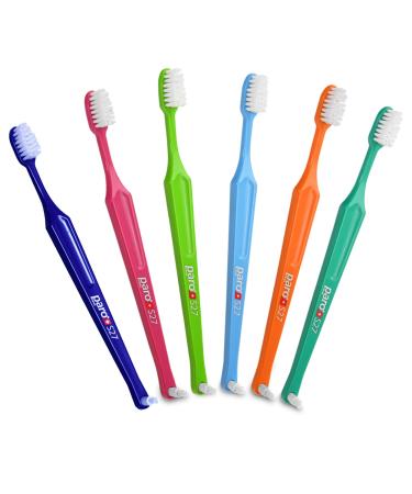 Paro S27 Toothbrush | Small Brush Head with Soft Bristles and Short Handle with Exchangeable Inter Space F | 27 Tufts | 6 Pack 6 Pack Multi-color