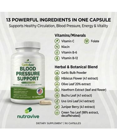 Nutravive 13-in-1 Heart Health Supplement Supports Healthy Circulation & Blood Pressure Levels with Hawthorn Garlic Olive Leaf Hibiscus B12 & More | Made in USA | 90 Capsules - Buy Online on GoSupps.com