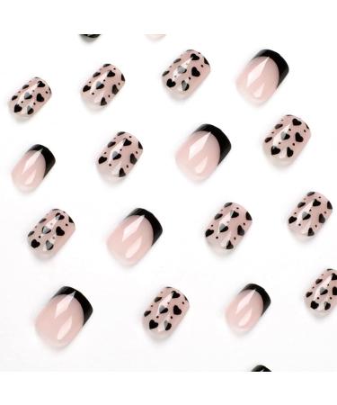 24Pcs Short Black French Press on Nails with Heart Design - Cute Acrylic Fake Nails Kit for Women and Girls - Buy Online on GoSupps.com