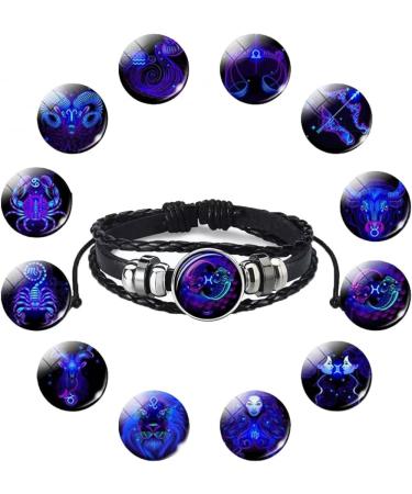 TURSHI Signs Spirit Bracelet 12 Constellation Handmade Bead Woven Multilayer Leather Bracelet Handmade Multilayer Adjustable 12 Constellation Bracelets Glow In The Dark Bracelet for Women Men Full: