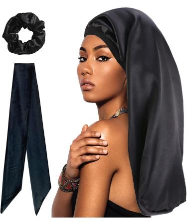 WUBAYI Silk Bonnet Hair Wrap for Sleeping Satin Sleep Cap with Wide Elastic Band Soft Hair Sleeping Bonnet Cap for Women and Girls Curly Hair( Black) L Black