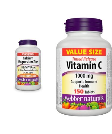 Webber Naturals Calcium with Magnesium and Zinc 200 Caplets Enhanced Absorption & Vitamin C Timed Release 1000 mg 150 Tablets For Bones Teeth Immune and Antioxidant Health