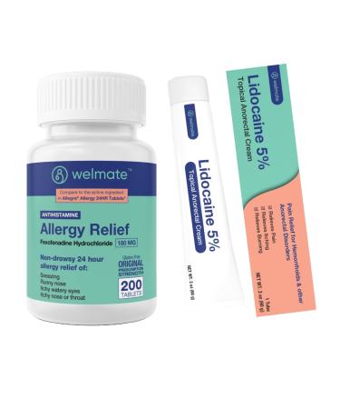 WELMATE Allergy Relief & Pain Soothing Kit: Fexofenadine HCl 180mg (200 Ct) & 5% Lidocaine Cream (2 Oz)