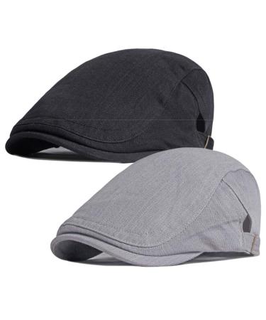 2 Pack Cotton Ivy Flat Cap Newsboy Hat Gatsby Cabbie Driving Hat for Men Black/Grey