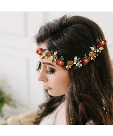 Red Flower Rhinestone Bridal Hair Vine | Gold Green Headband for Bride | Wedding & Evening Party Accessories - Buy Online on GoSupps.com