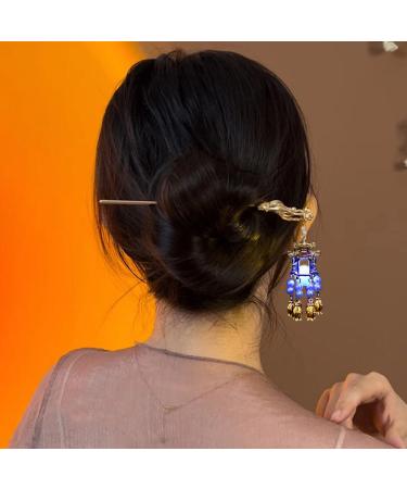 Chinese Ancient Style Lantern Hair Stick Pearl Pendant Hairpin Metal Headdress Aaccessories With Light-Blue
