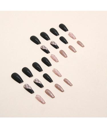 Justotry 24-Piece Black French Coffin Nails - Gold Swirl Ballerina Press-On Artificial Fingernails for Women - Medium Length Wavy Design - Buy Online on GoSupps.com