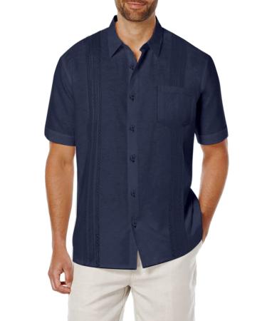 COOFANDY Men's Short Sleeve Linen Shirt Cuban Beach Tops Pocket Guayabera Shirts XX-Large 1 - Navy