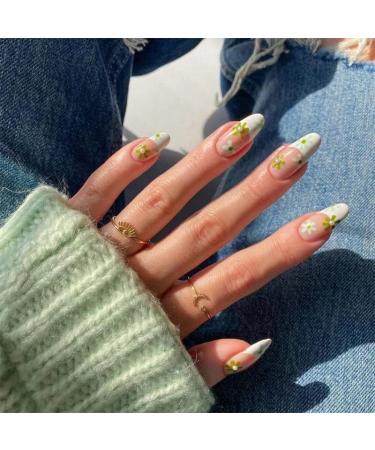 24PCS Flower Press on Nails Medium Almond Glossy Fake Nails Stick on Nails with Glue Green and White Flower Spring Nail Decoration with White Tip Design Fake Artificial Nails for Women Manicure