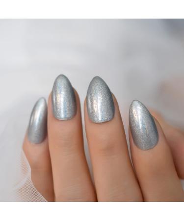 Laser Metallic Silver Wire Texture Artificial Nails - Short Almond Glossy Gel - 24pcs Acrylic Full Cover Kit - International Shipping - Buy Online on GoSupps.com