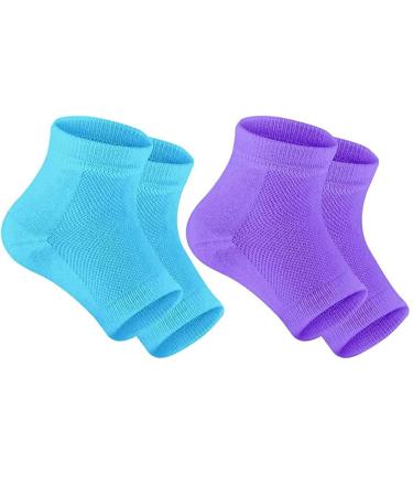 Moisturizing Heel Socks for Dry Cracked Feet Women (2 Pairs - Blue/Purple) BLUE & PURPLE