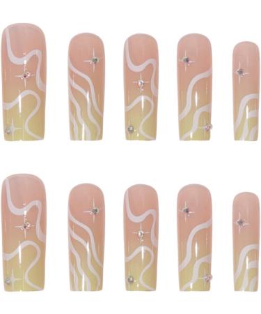 Justotry 24 Pcs White Swirl Diamond Pale Yellow French Press on Nails - Medium Acrylic Coffin Fake Nails for Women - Nail Art Designs - Includes Glue - Yellow & Wavy - Buy Online on GoSupps.com