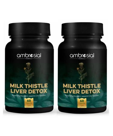 Ambrosial Milk Thistle Liver Detox |Silymarin Milk Thistle Capsules with Dandelion Root & Other Natural Herbs | High Strength Herbal Antioxidant Complex for Liver Support (Pack of 2-120 Capsules) 60 count (Pack of 2)