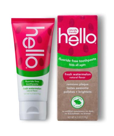 Hello Natural Watermelon Flavor Kids Fluoride Free Toothpaste, Vegan, SLS Free, Gluten Free, Safe to Swallow for Baby and Toddlers, 4.2 Ounce