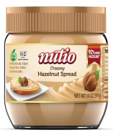 NUTIO Creamy Hazelnut Spread 14oz, smooth and naturally delicious, 92% more hazelnut, 37% less added sugar,palm oil free snack, peanut free,cocoa free, gluten free, non-gmo, eco-friendly healthy glass jar, best choice for pancakes and waffles 14oz - 1 Pac