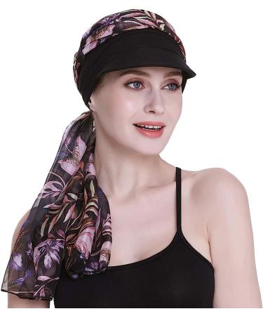 Women's Chemo Headwear: Black Newsboy Cap with Scarfs - Ideal Gift for Hair Loss - All Year Wear - Buy Online on GoSupps.com