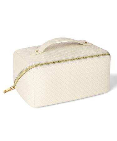 Aucuu Large Capacity Travel Cosmetic Bag for Women Girls PU Leather Waterproof Layered Storage Makeup Bag with Handle Portable Travel Organizer (White) #10 White-10