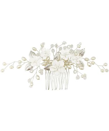 White Flower Bridal Hair Vine with Pearl, Rhinestone, and Silver Leaf Comb - Wedding Hair Accessories for Women and Girls - Buy Online on GoSupps.com