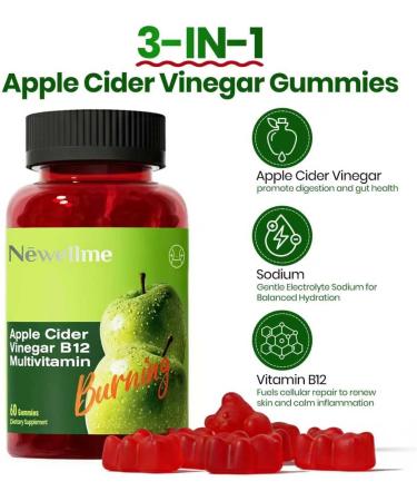 NEWELLME Sugar-Free Apple Cider Vinegar Gummies B12 Multivitamin ACV Supplement Gummy Vitamins Vegetarian Supplement for Women & Men Non GMO Support Normal Energy Levels & Gut Health 120 Gummies - Buy Online on GoSupps.com