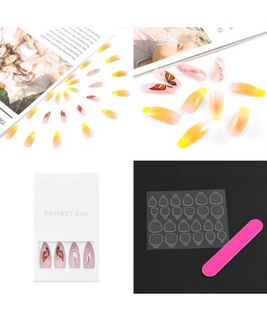 Sethexy Long Gradient Ballerina False Nails | Shiny Pink Orange Butterfly Coffin Acrylic Art Tips | 24pcs for Women & Girls - Buy Online on GoSupps.com