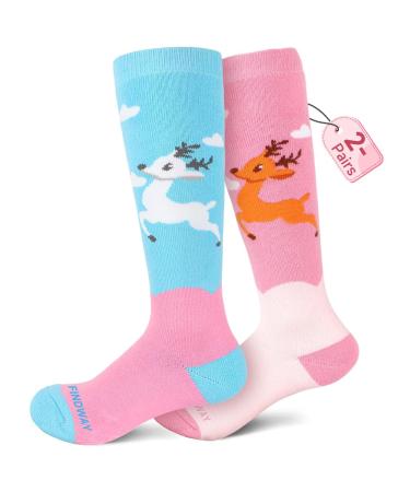 Findway 2 pairs of skiing children winter snowboarding breathable thermosocks with about the calf design/anti-slip cuffs for girls/boys for outdoor sports 23-29 A4 blue/pink & pink (2 couples)