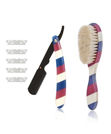 Professional Barber Straight Edge Razor and Barber Fade Brush Set Include 5 Blades Straight Razor for Men Close Shaving & Hair Cutting (Red/White/Blue)