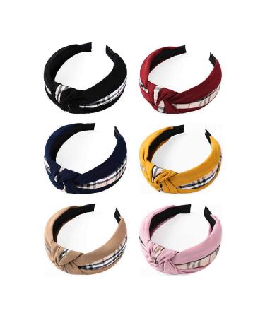 EIGHTOWN Plaid Top Knotted Headband for Women - 6 Pack Designer Hair Bands for Girls - Non-slip Lattice Splicing Hair Hoops for Hair (6 pack splicing style)